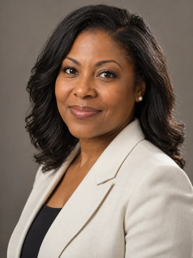 AI-generated professional business headshot of a woman in a white blazer