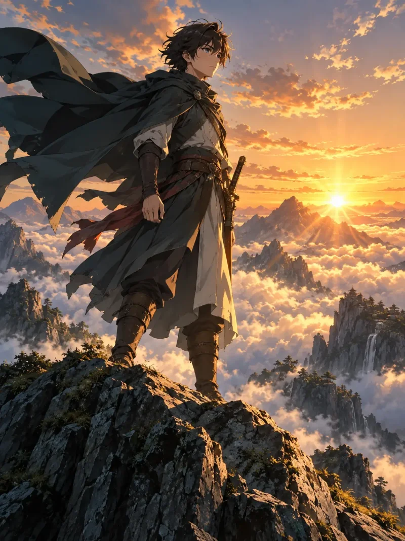 Anime-style warrior standing on a cliff at sunset