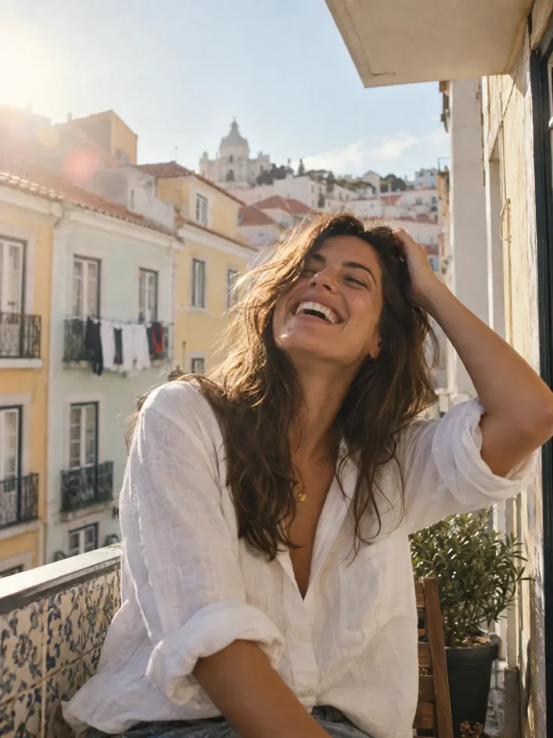 Woman laughing joyfully on a balcony during travel