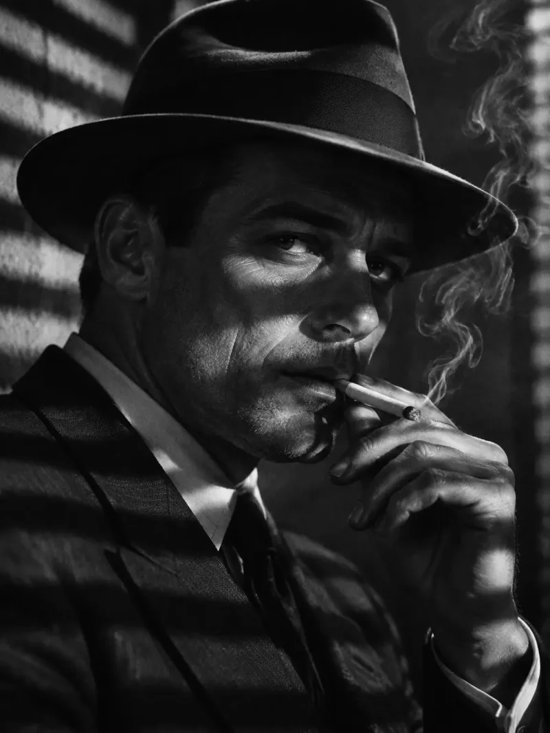 Noir-style portrait of a man wearing a fedora hat