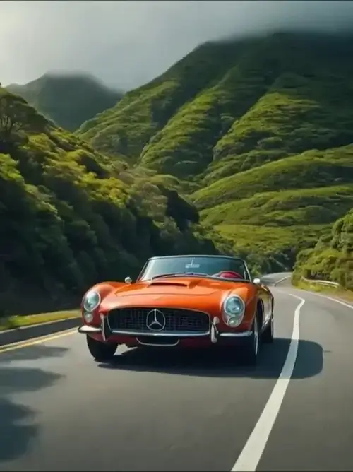 a car driving on a road with green hills