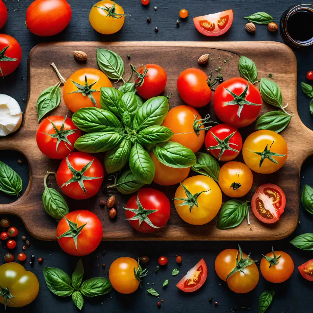a cutting board with tomatoes and basil leaves