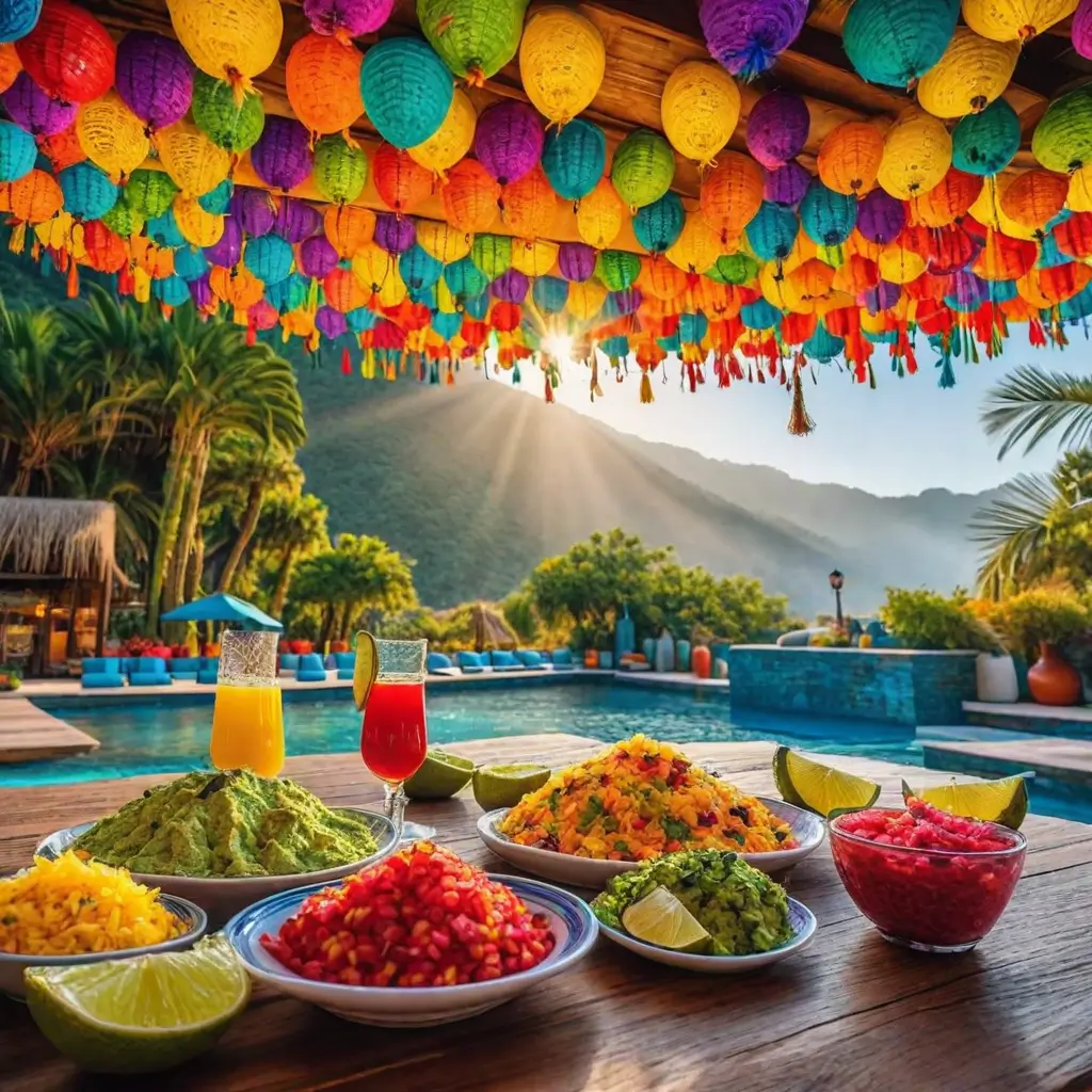 a table with food and drinks under a pool