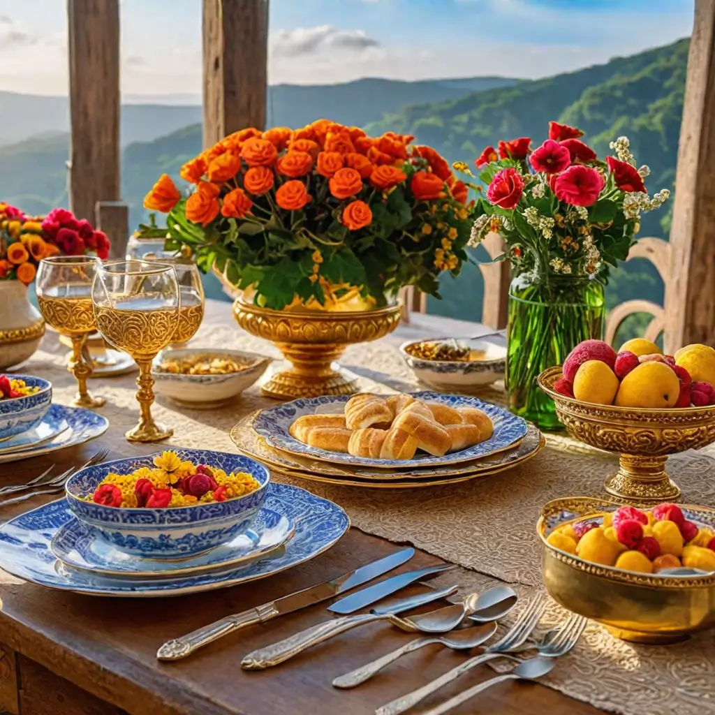 a table with plates and fruit on it