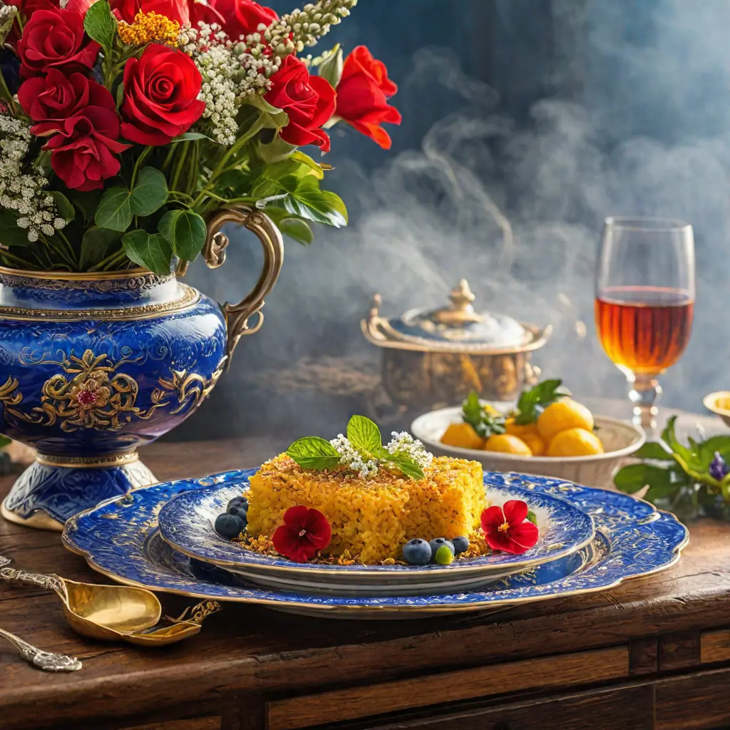a plate of food and flowers on a table