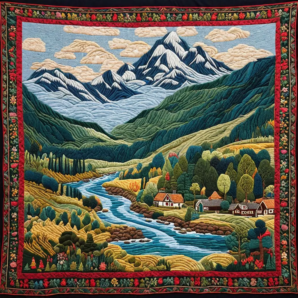 A colorful tapestry with mountains and a river