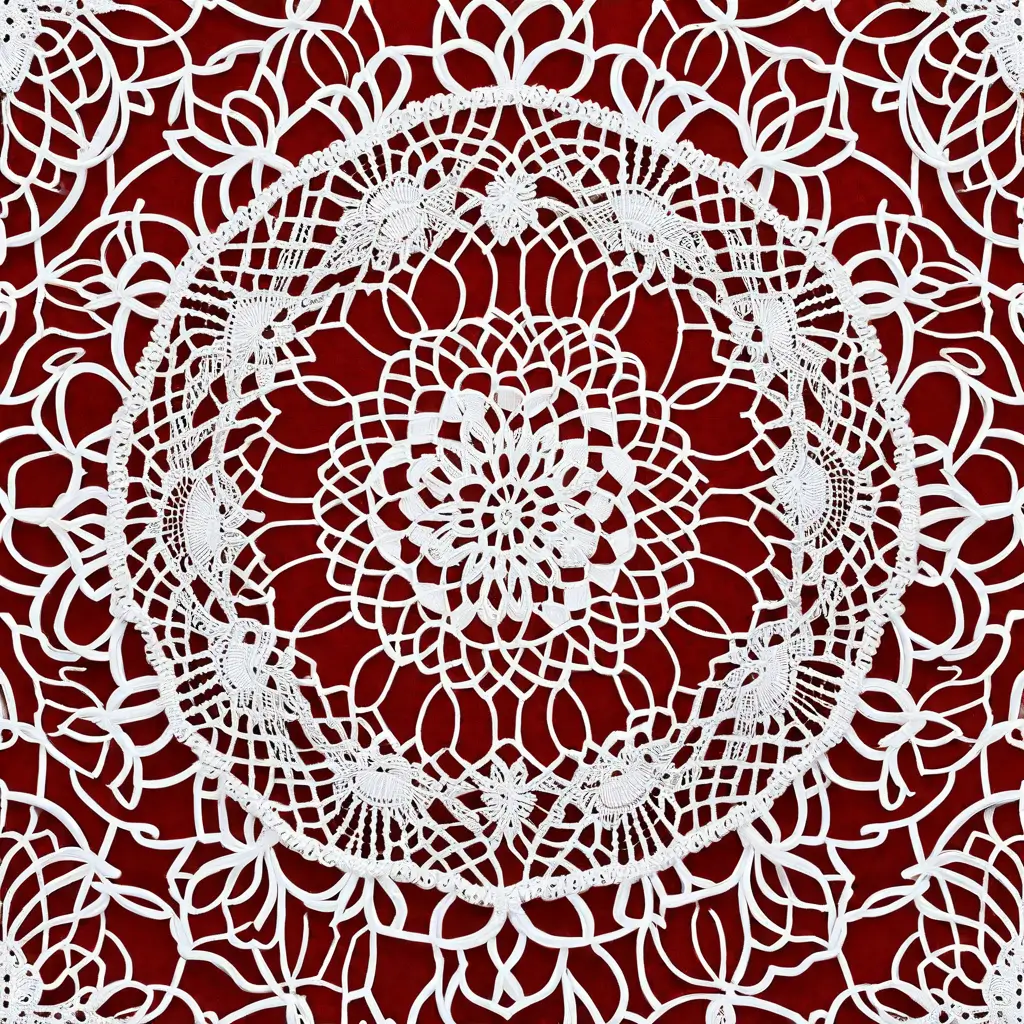A white doily on a red surface