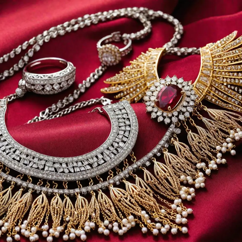 A necklace and ring on a red fabric