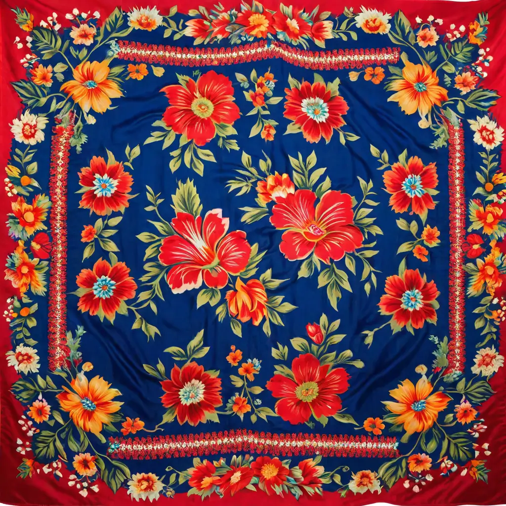 A blue and red blanket with flowers on it