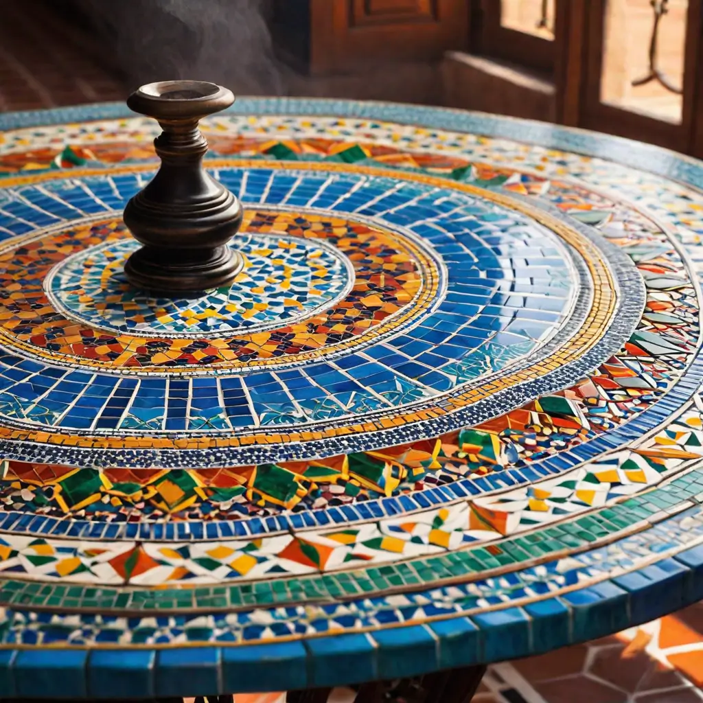 A colorful mosaic table top