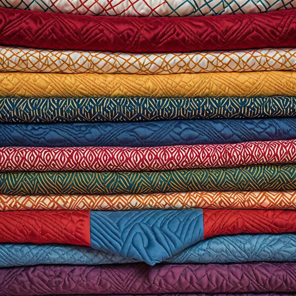 A stack of colorful quilts