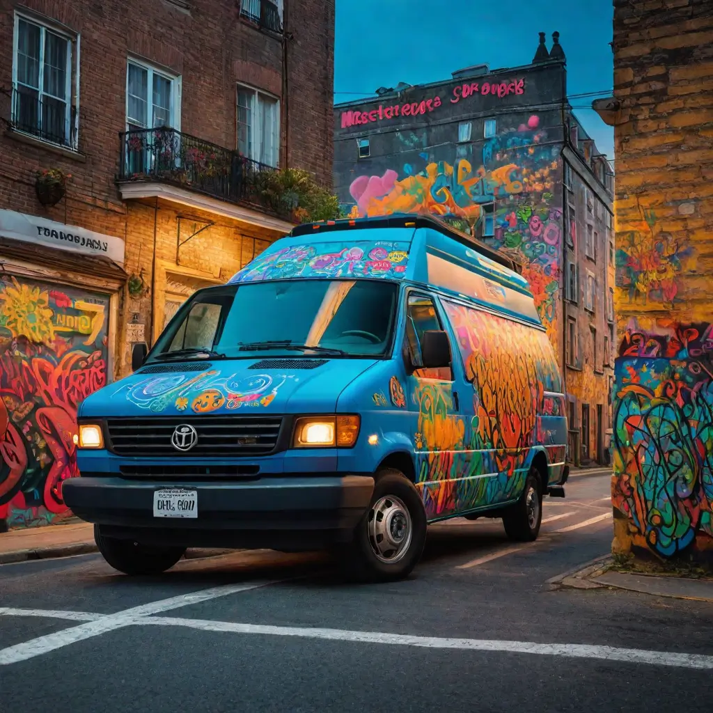 a blue van with graffiti on the side of a street