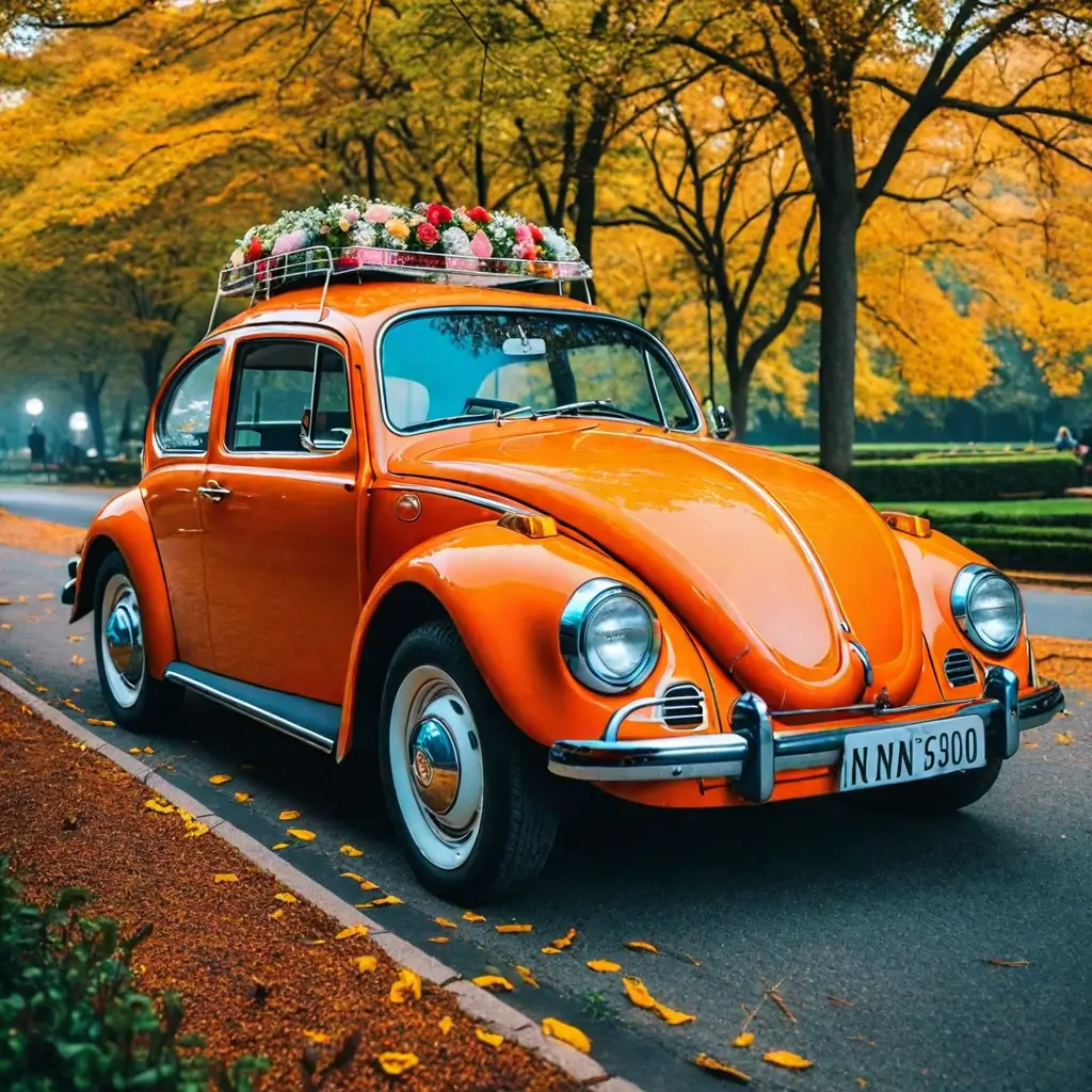 an orange car with flowers on top on the roof