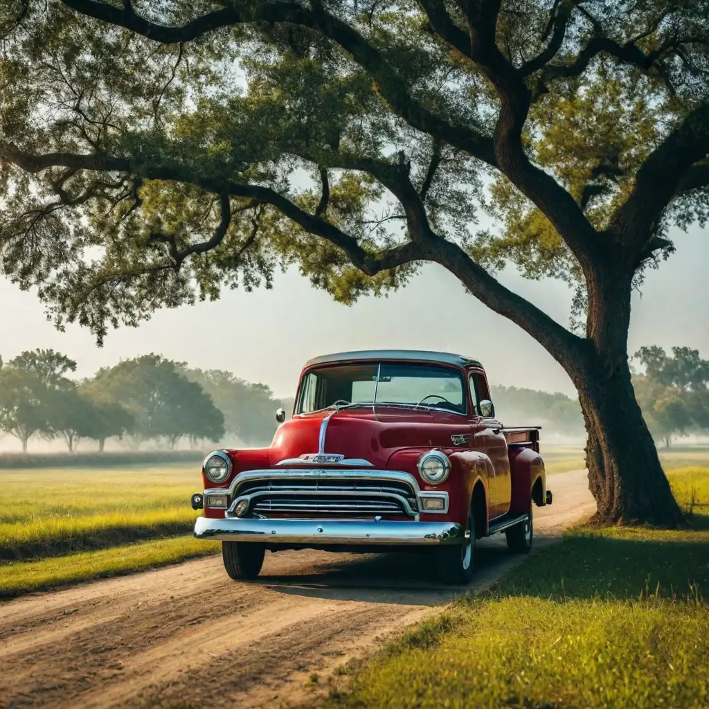 a red car on a dirt road under a tree