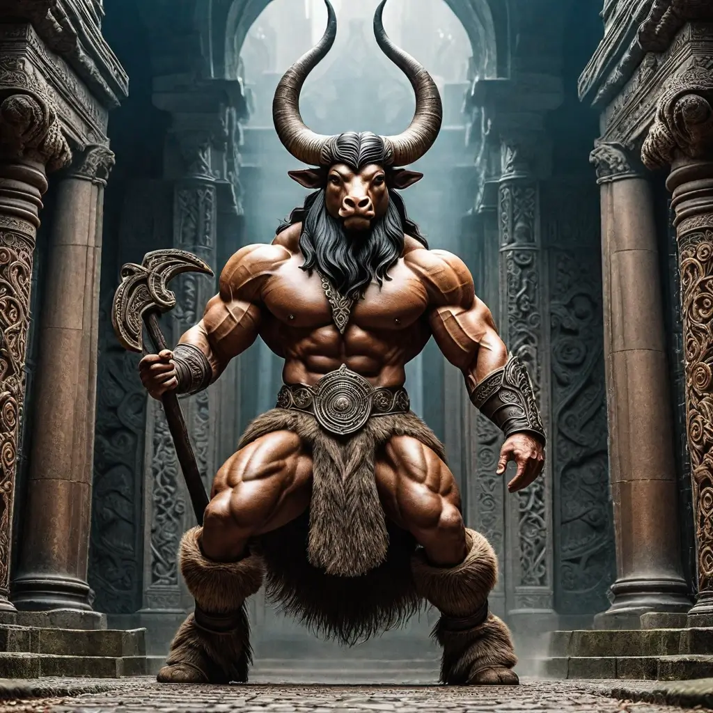 A muscular person with horns and a spear in a building