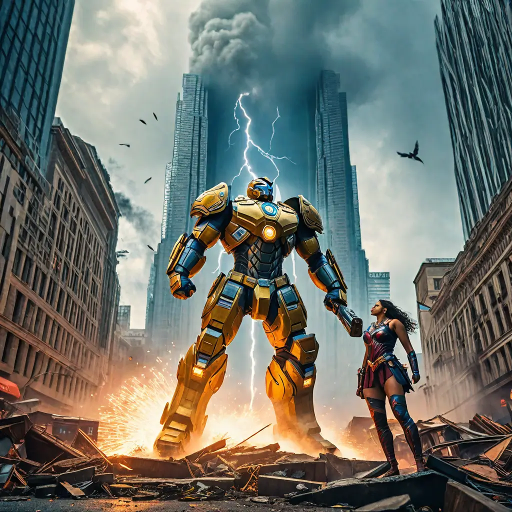 A person standing next to a giant robot in a city