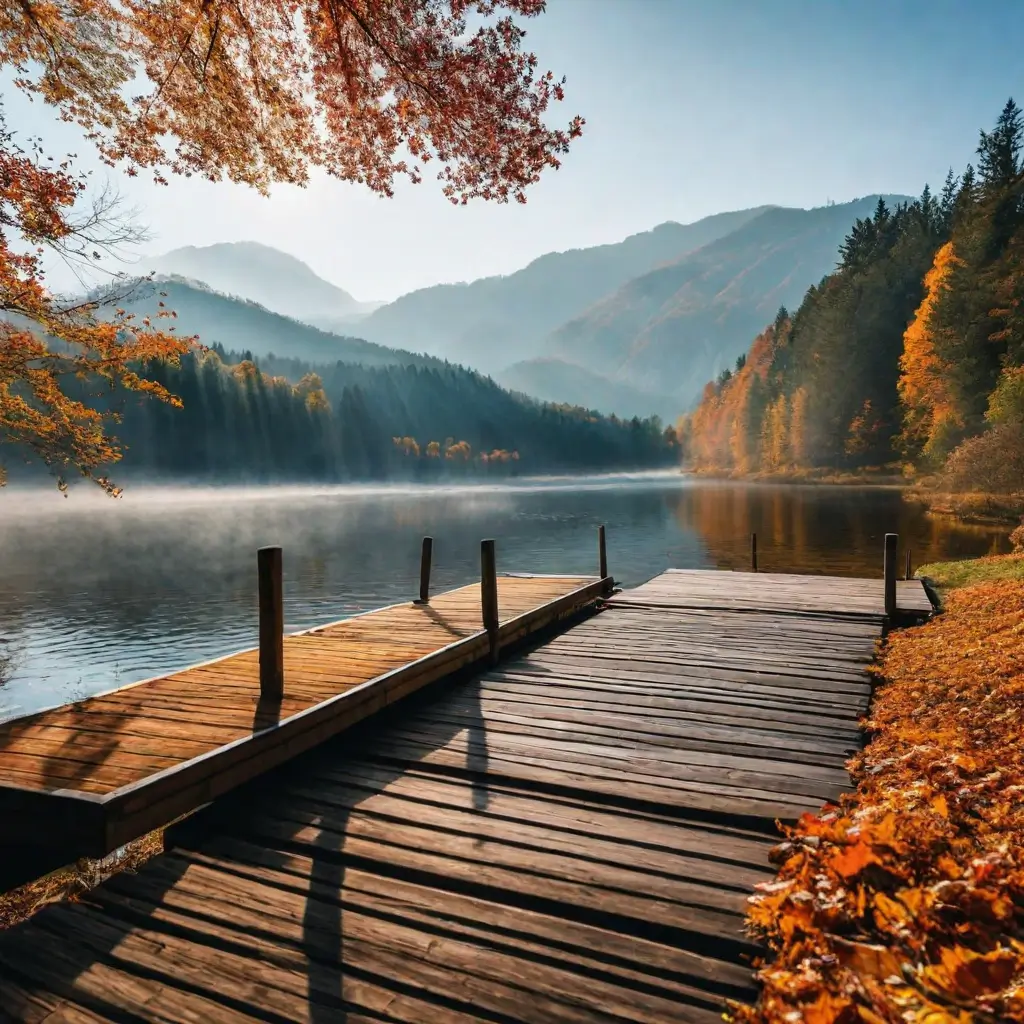 A dock on a lake with trees and mountains in the background