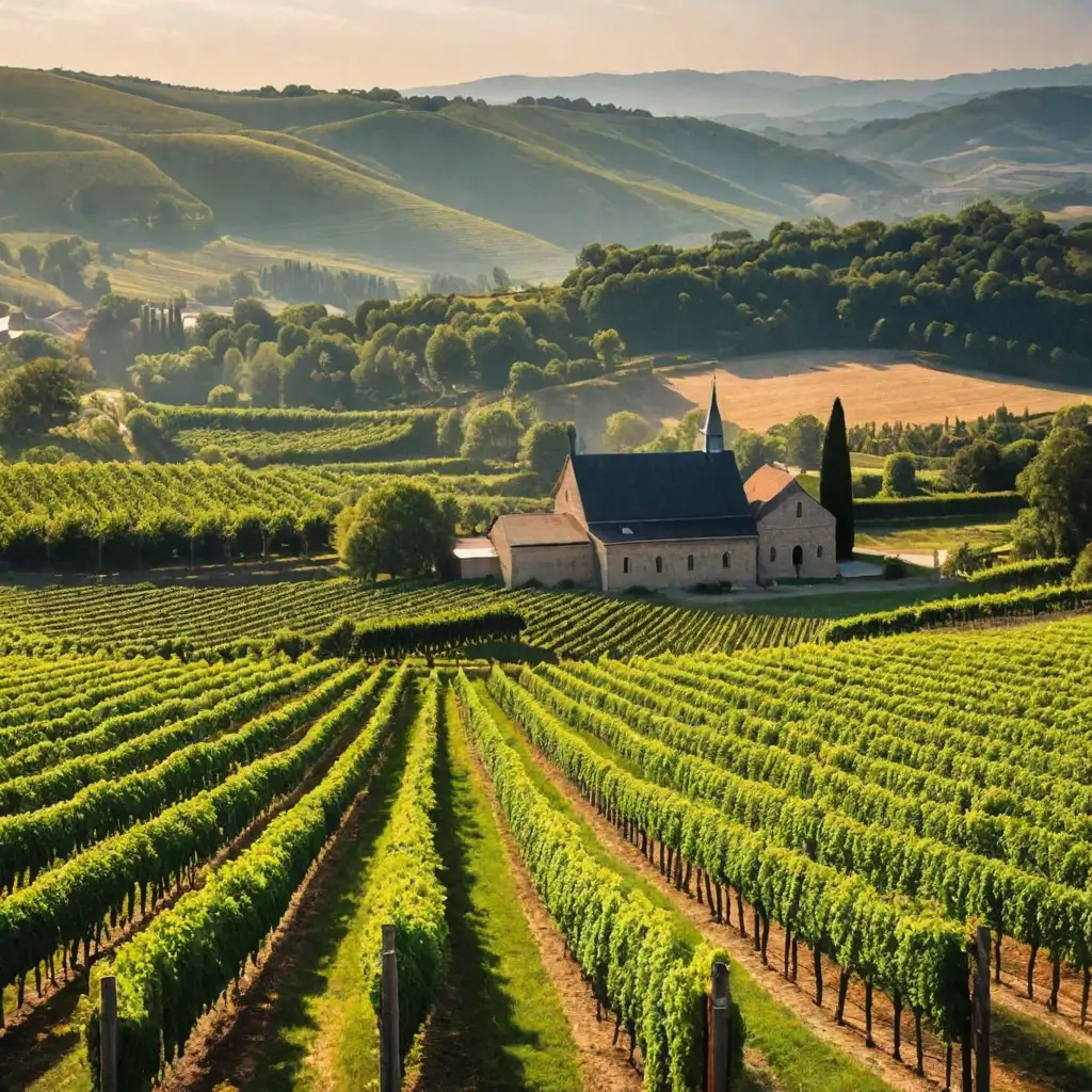 A large vineyard with a building in the distance