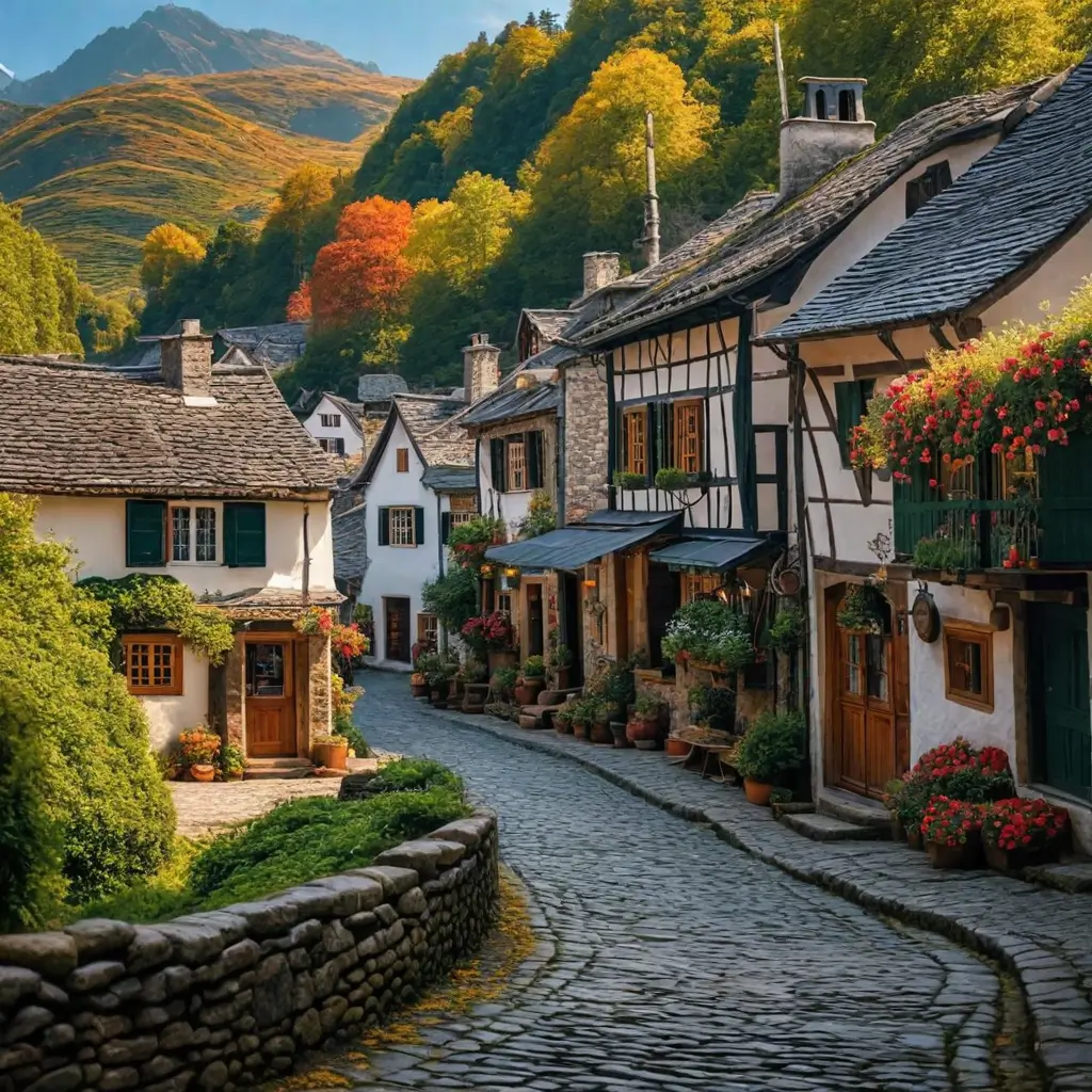A stone road with houses and trees in the background