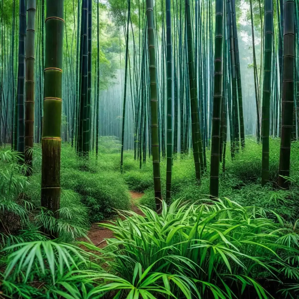 A green forest with tall bamboo trees and plants