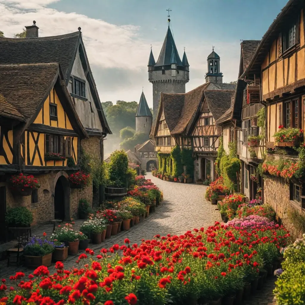 A street with flowers and buildings