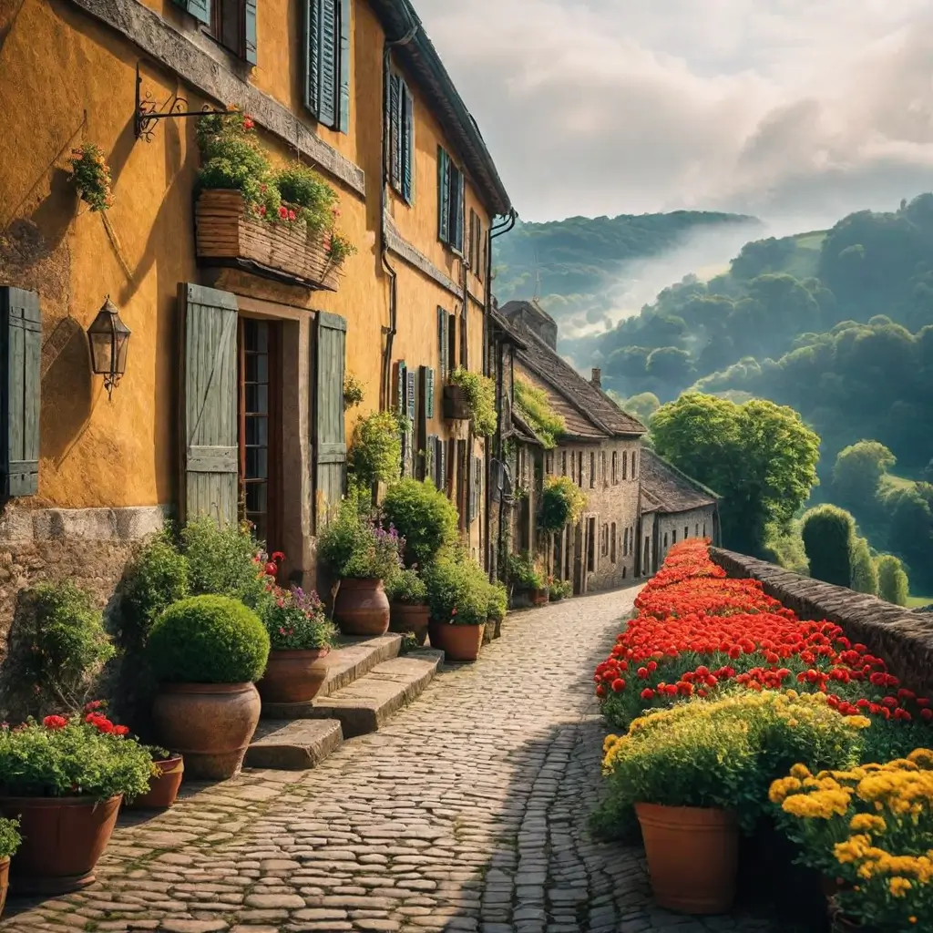 A stone road with flowers and plants on the side