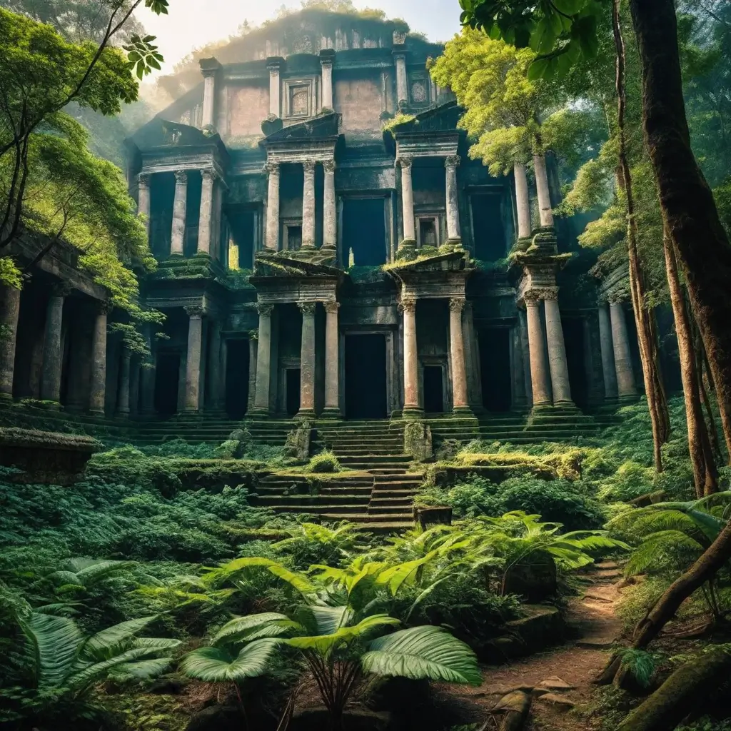 A building with persony columns and stairs in the middle of a forest