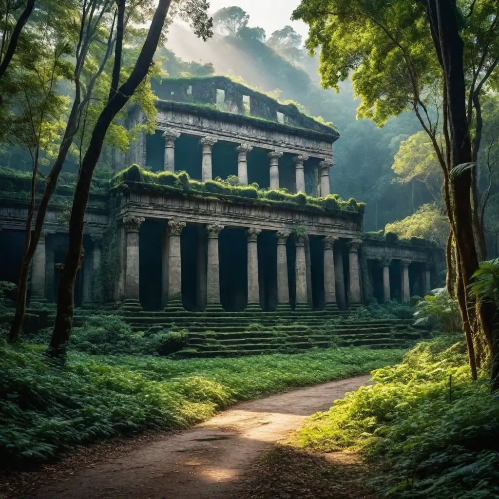 A building with columns and plants on the side