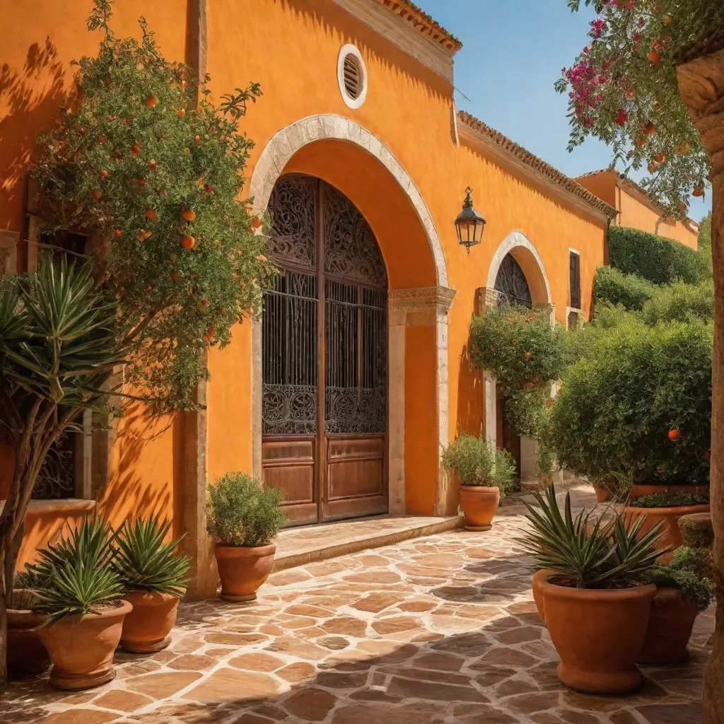 A building with a door and potted plants