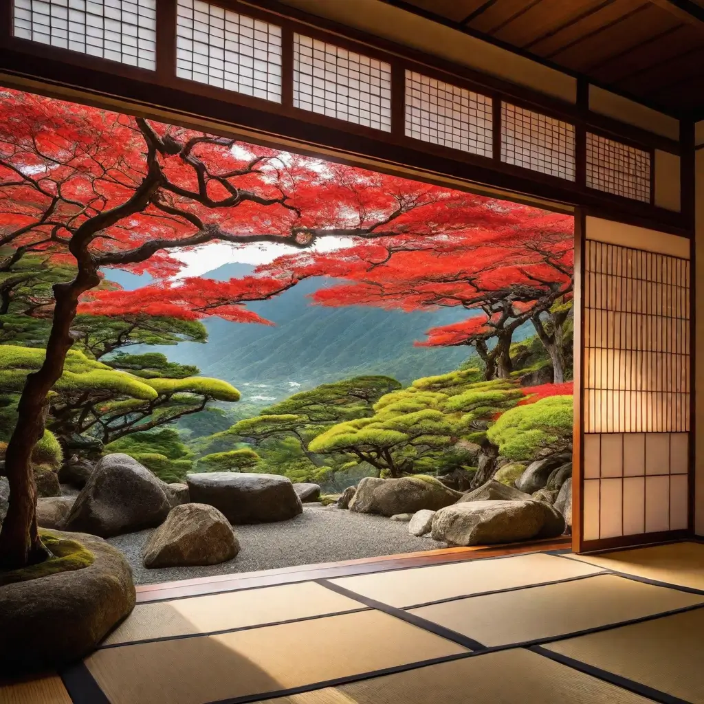 A room with a view of trees and rocks
