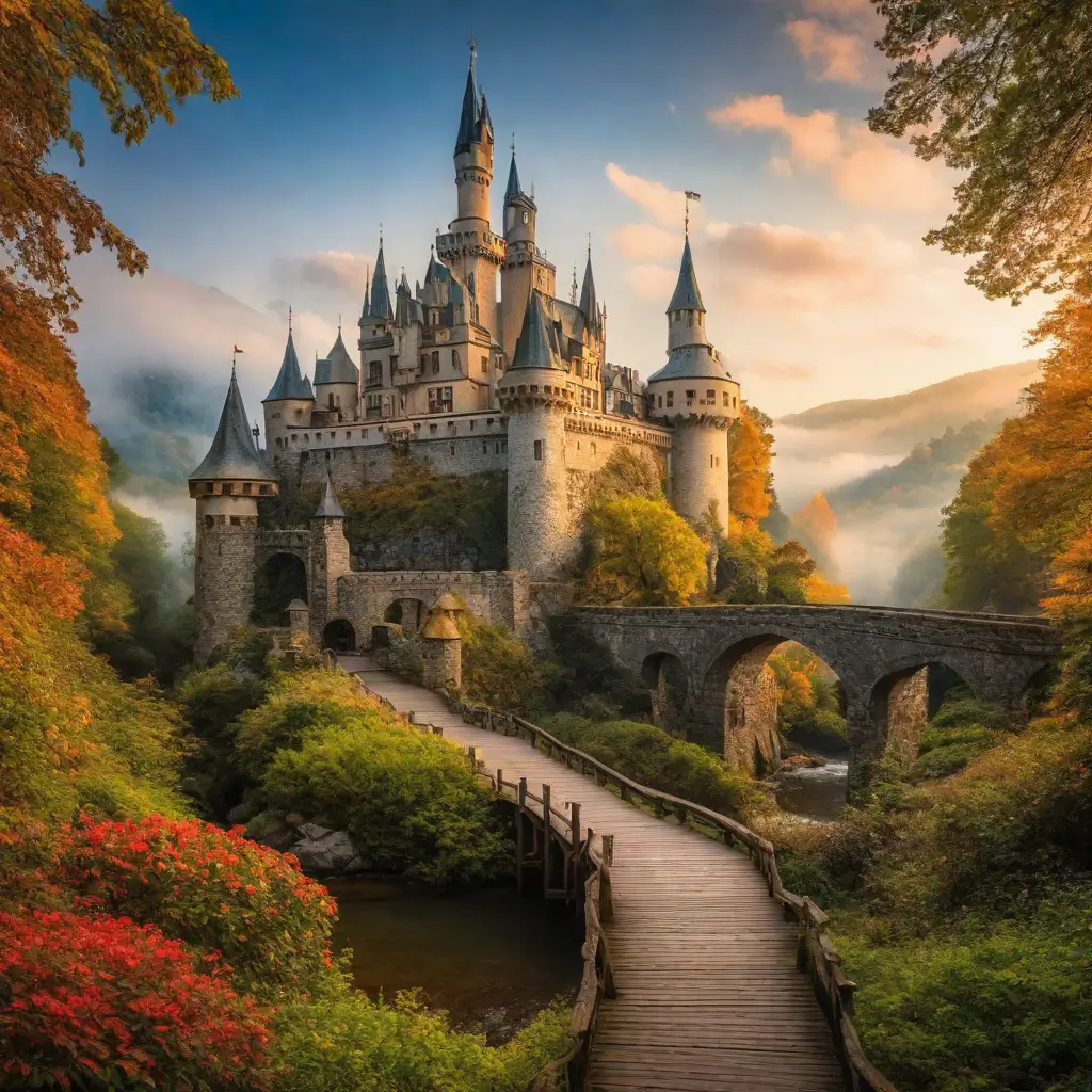 A castle with a bridge and trees