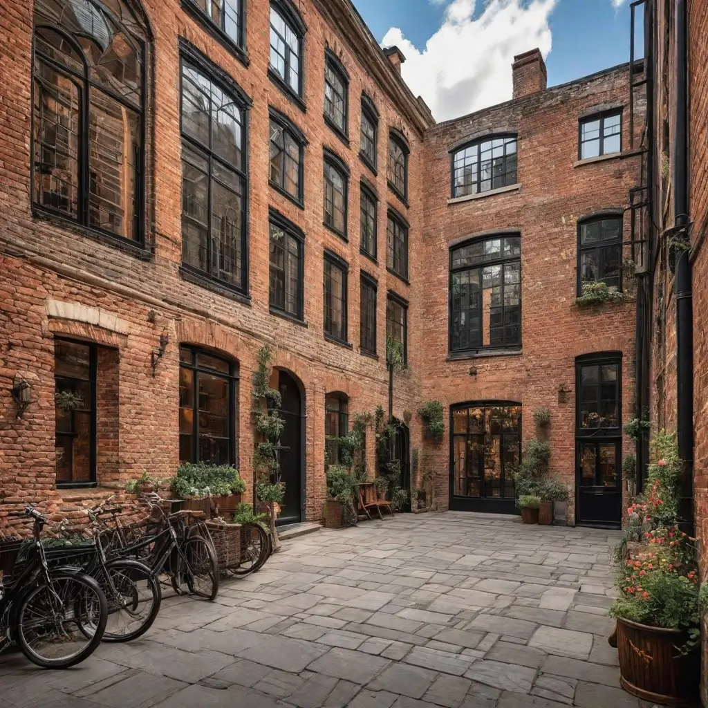 A brick building with bicycles parked in front of it