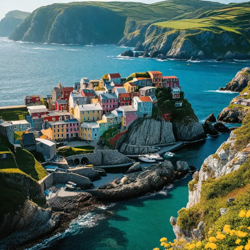 A colorful buildings on a rocky hill by the water with Cinque Terre in the background