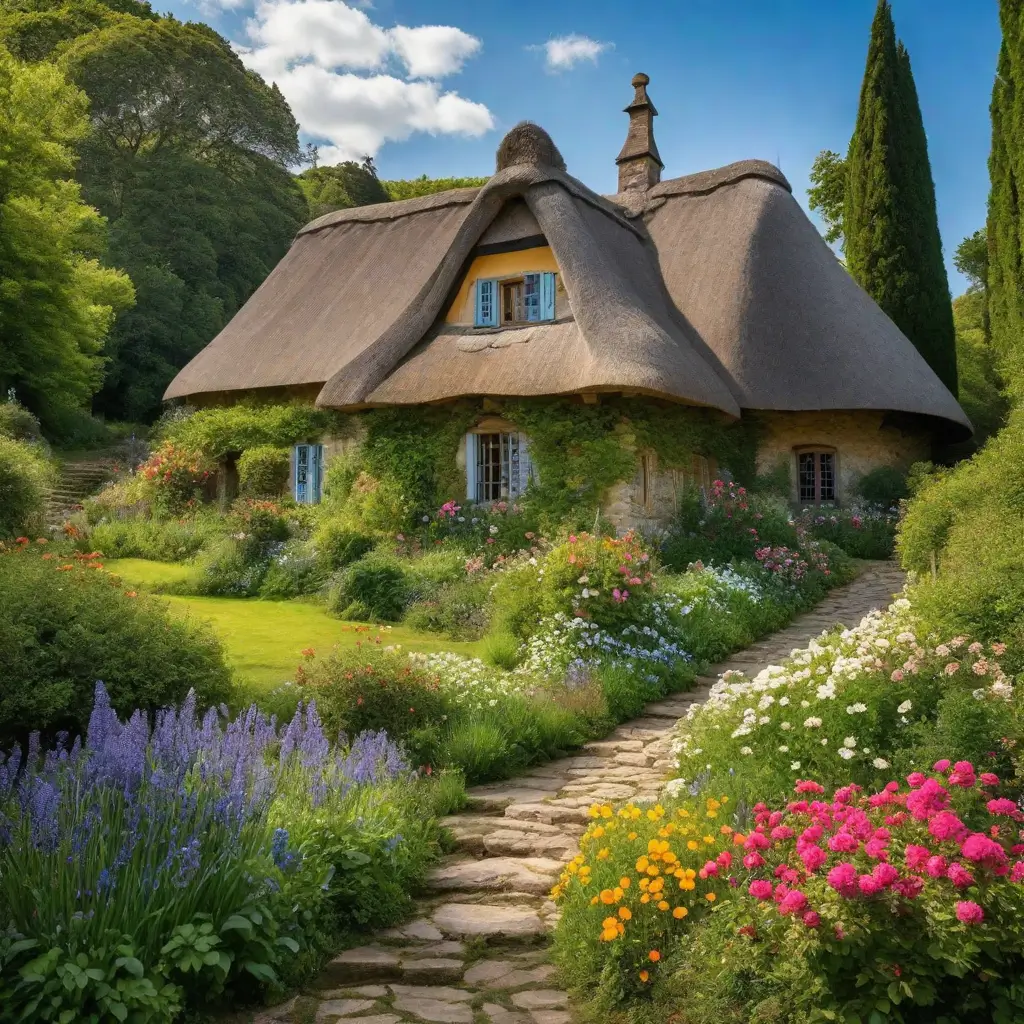 A house with a thatched roof surrounded by flowers