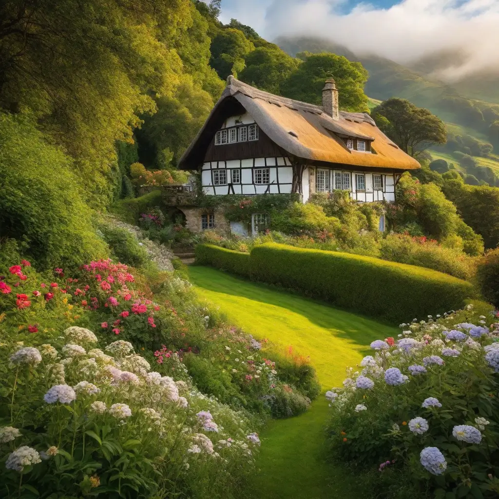 A house with a thatched roof surrounded by flowers