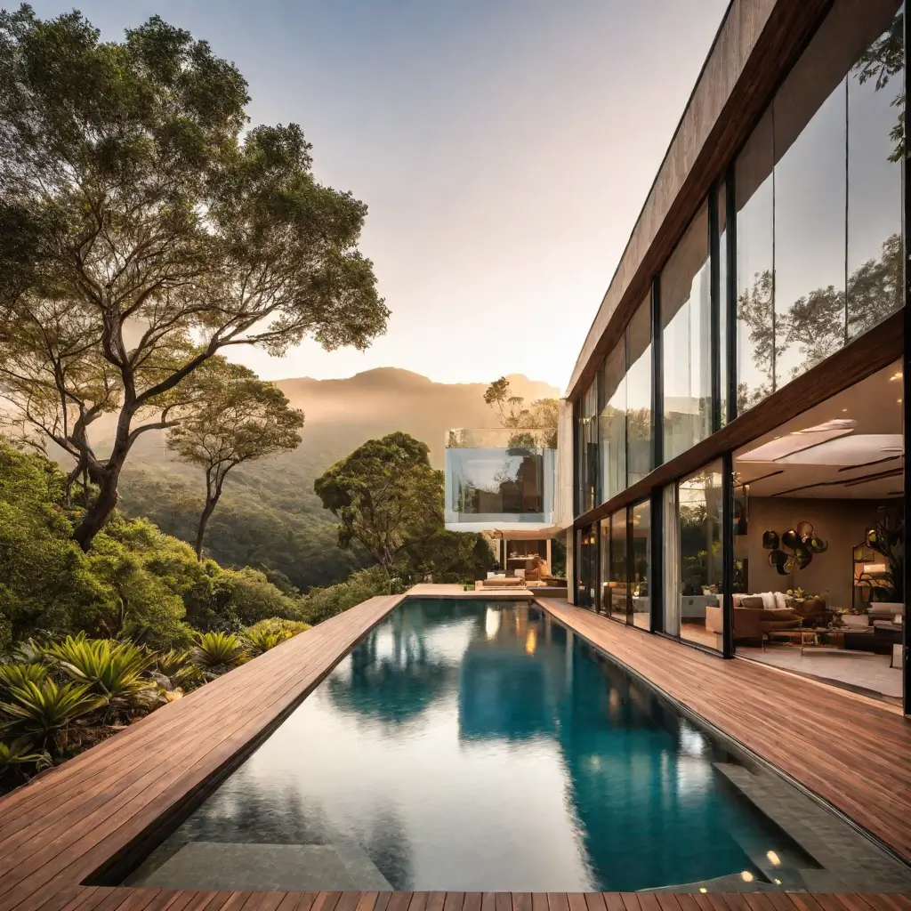 A pool with a wood deck and trees in the background
