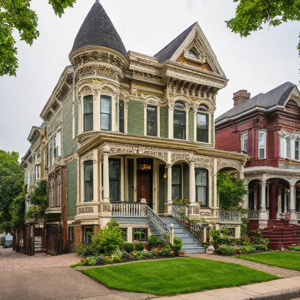 A row of houses with a lawn and trees