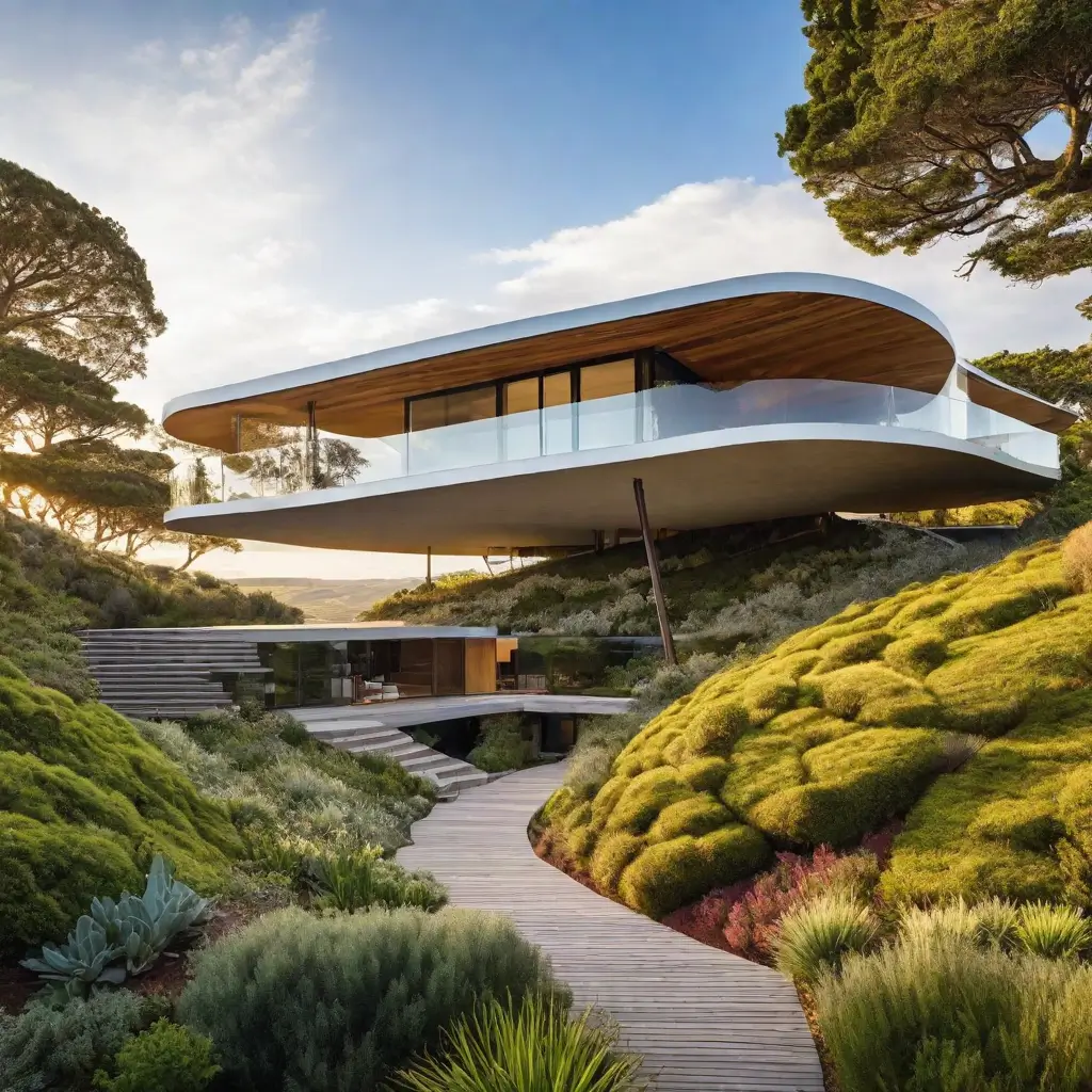 A house on a hill with trees and bushes