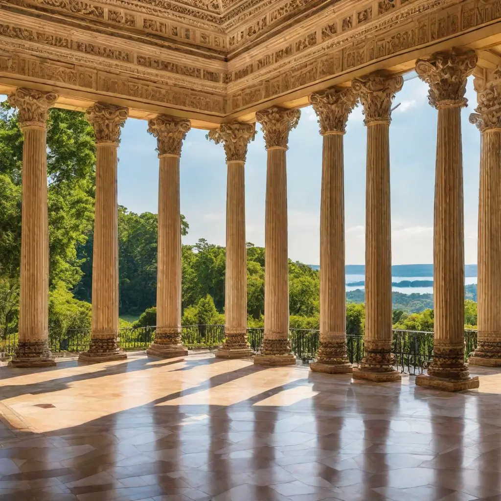 A large building with columns and a view of the forest