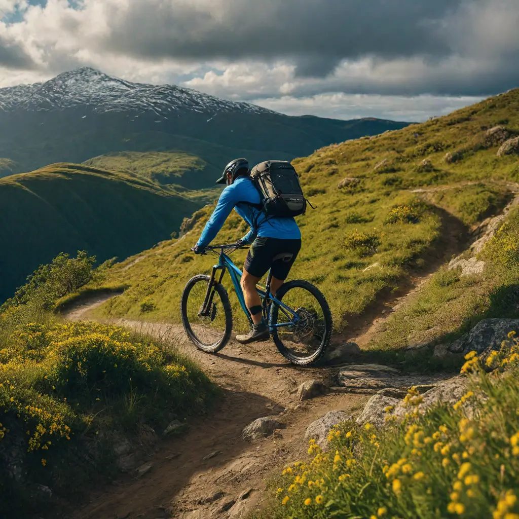 A person riding a bike on a trail