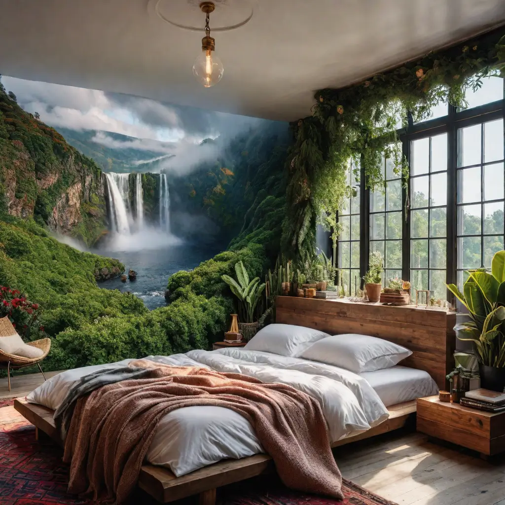A bedroom with a waterfall and a bed