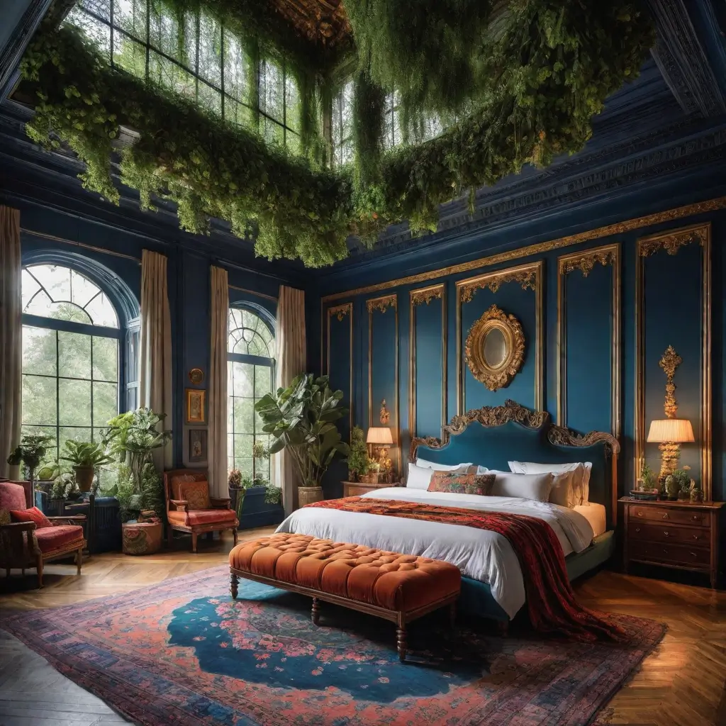 A room with a bed and a rug and plants