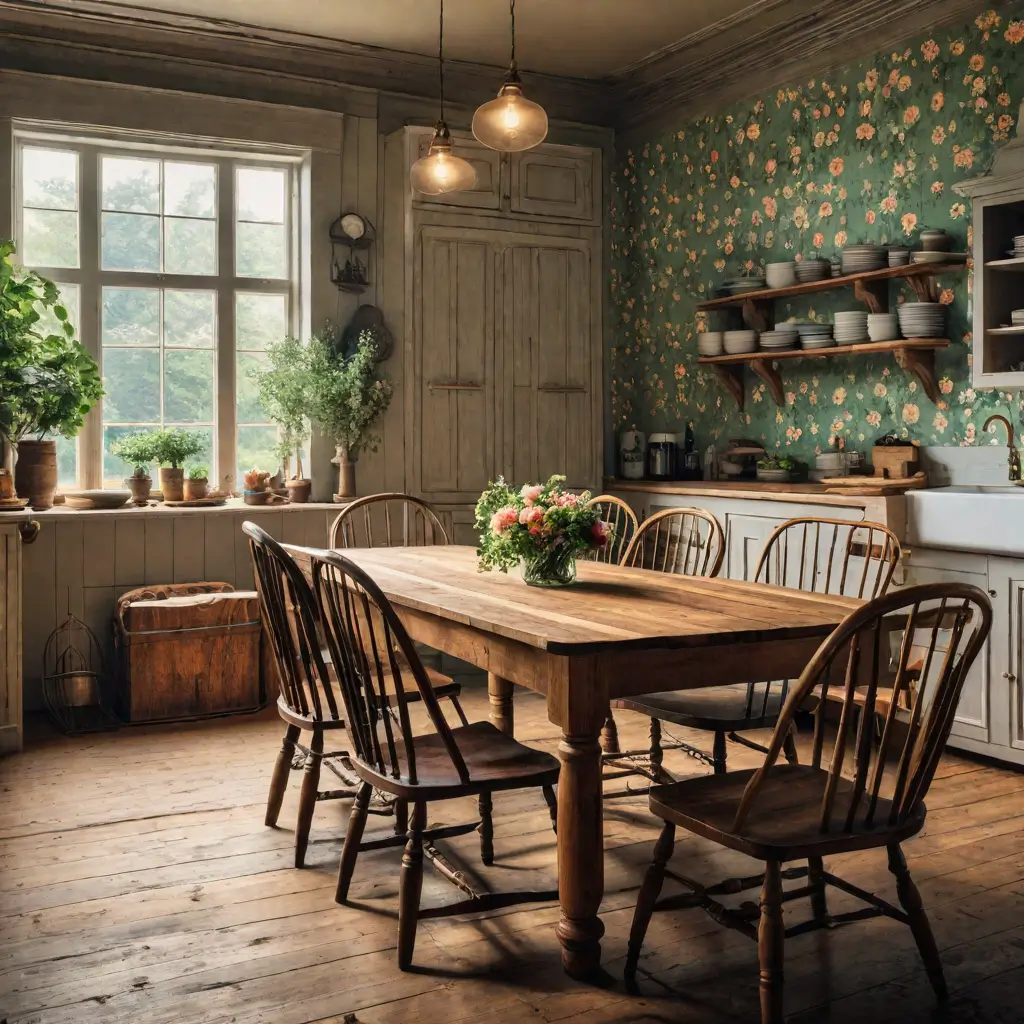 A kitchen with a table and chairs