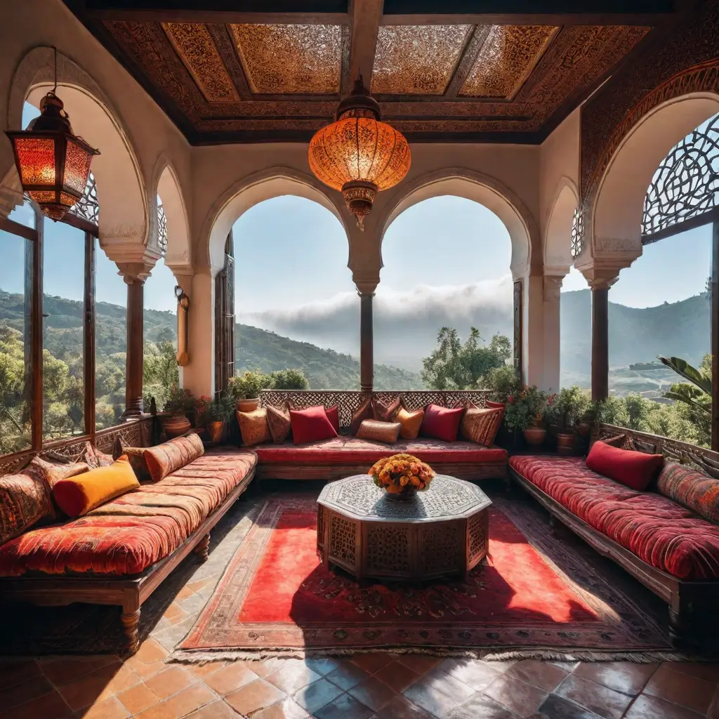 A living room with large windows and a couch