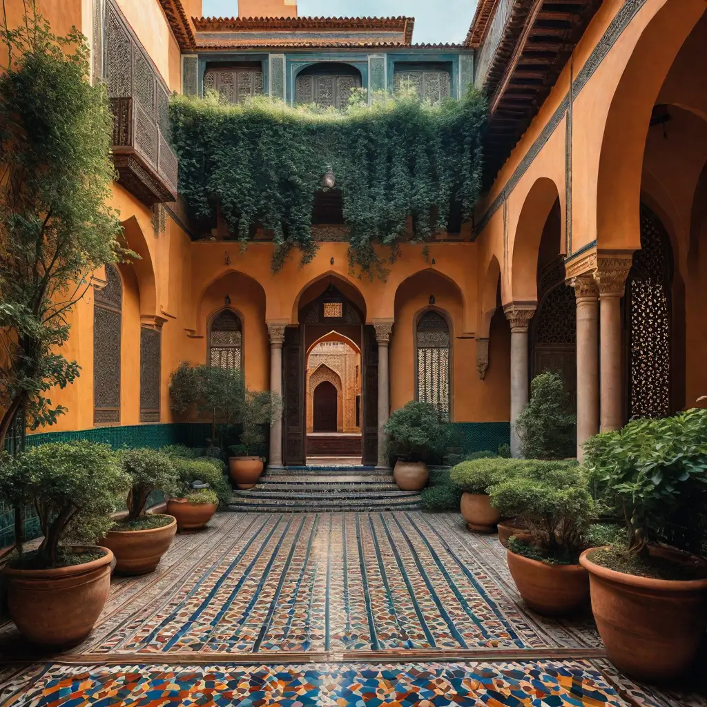 A courtyard with plants and trees