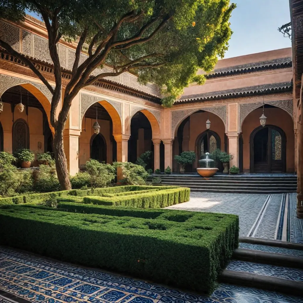 A courtyard with a fountain and hedges