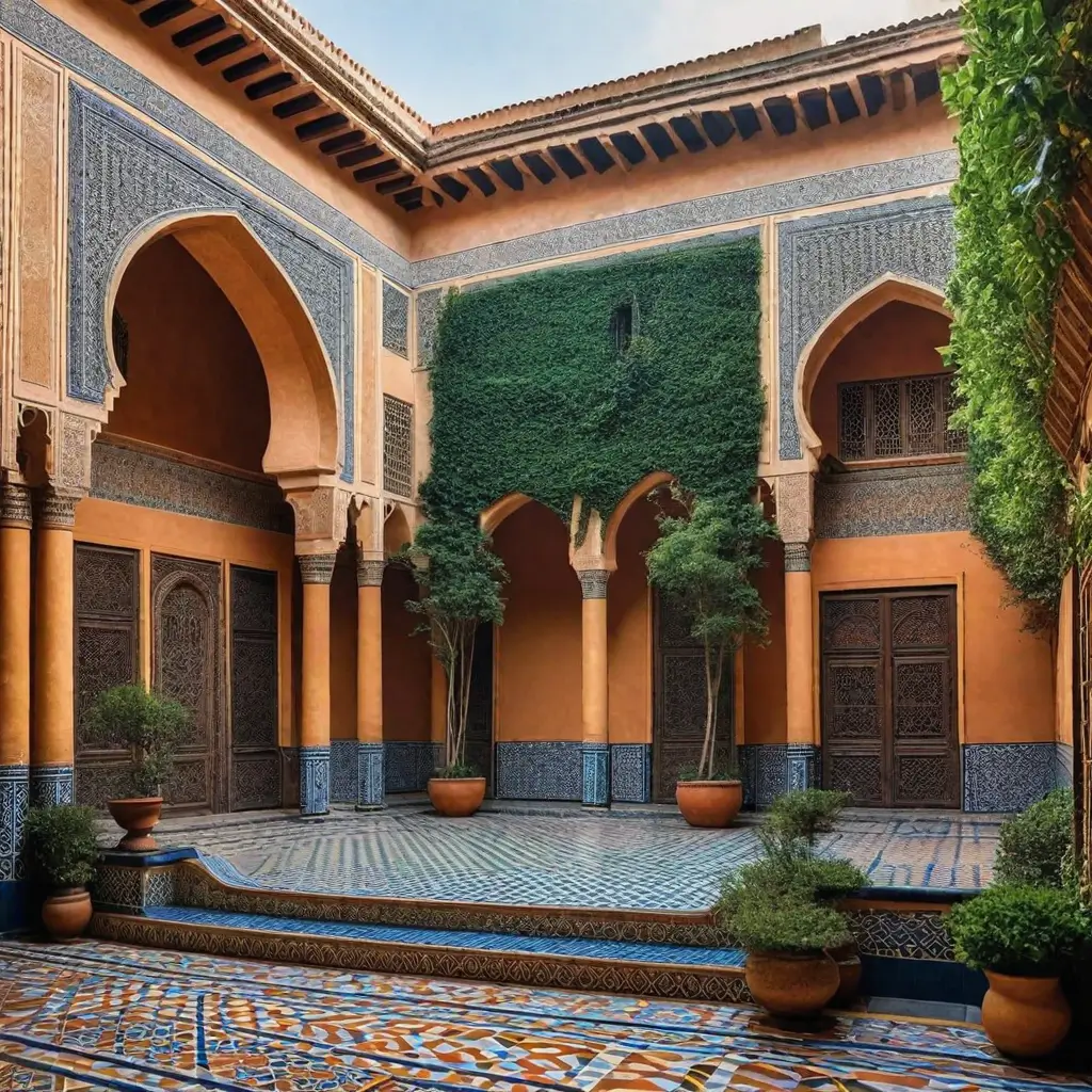 A courtyard with plants and arches