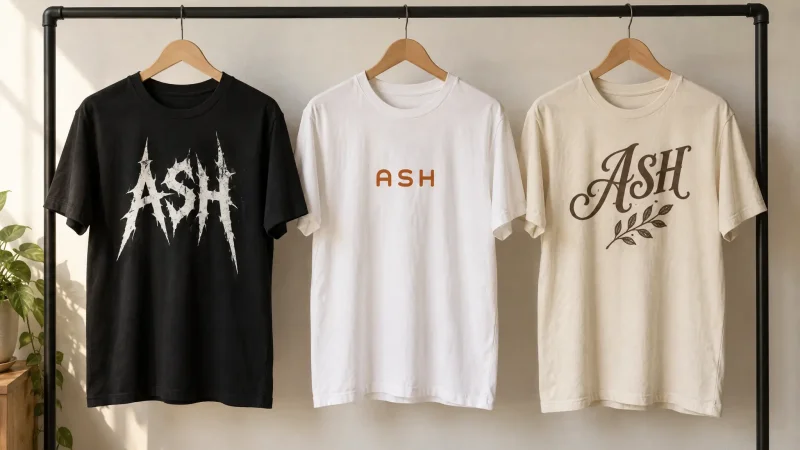 Three t-shirts on a rail printed with the band name ASH in metal, indie and folk lettering