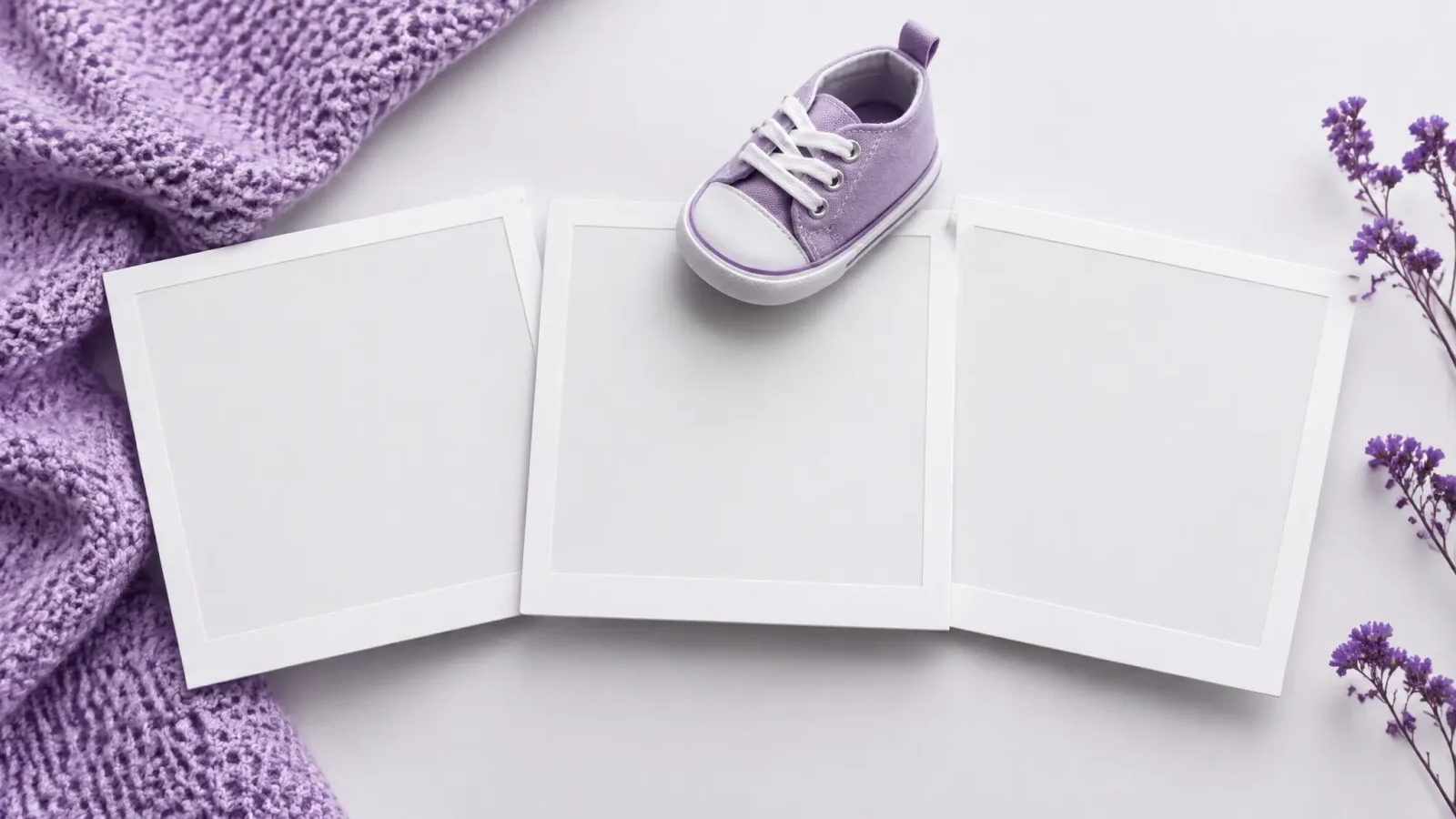 Three blank photo prints merging beside a baby shoe, for combining two photos into a baby face