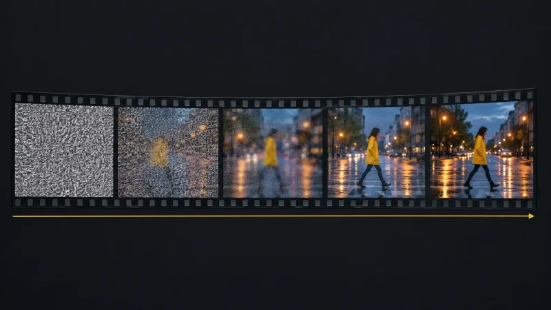 Illustration of a still photo unrolling into a film strip, showing how an AI video generator works